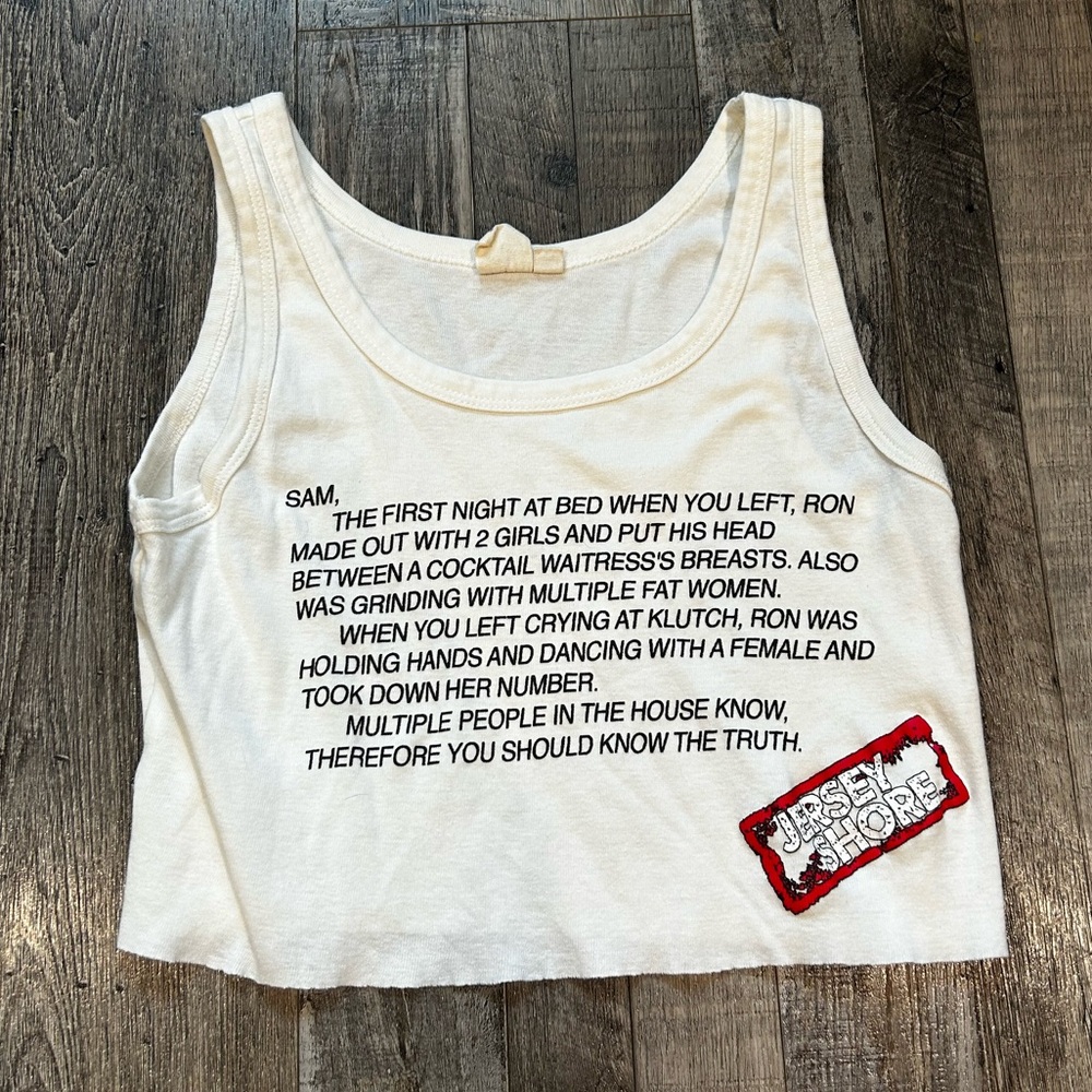 Lagaci White Graphic Crop Tank with Text and Red Patch